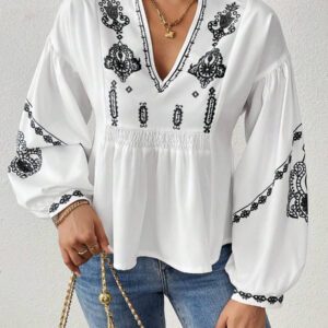 SHEIN LUNE Chemise à manches longues boutonné avec Top peplum à imprimé graphique plissé pour femmes
