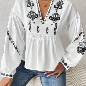 SHEIN LUNE Chemise à manches longues boutonné avec Top peplum à imprimé graphique plissé pour femmes