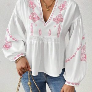 SHEIN LUNE Chemise à manches longues boutonné avec Top peplum à imprimé graphique plissé pour femmes