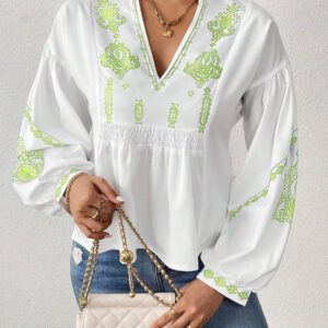 SHEIN LUNE Chemise à manches longues boutonné avec Top peplum à imprimé graphique plissé pour femmes