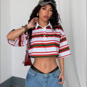 StreetHx T-shirt col polo ajusté à rayures et couleurs contrastées pour femmes, printemps/automne
