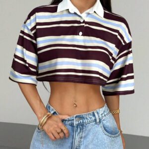 StreetHx T-shirt col polo ajusté à rayures et couleurs contrastées pour femmes, printemps/automne