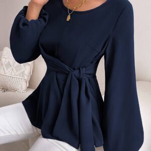 Chiquease Blouse à manches lanterne avec nœud devant et volants