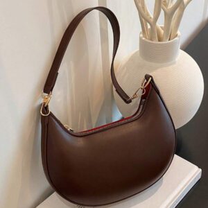 1 pièce Sac à main à l'épaule en PU de couleur marron café en forme de croissant, simple et élégant, pour femmes, automne/hiver