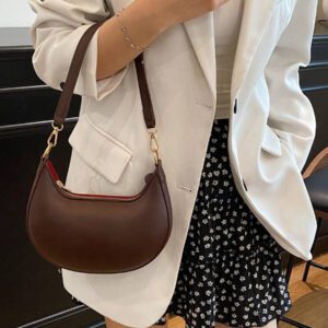 1 pièce Sac à main à l'épaule en PU de couleur marron café en forme de croissant, simple et élégant, pour femmes, automne/hiver