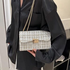 Sac carré à rabat à motif à carreaux avec chaîne, sac bandoulière mini mode à texture, sac à épaule avec fermeture à bascule, sac à main élégant pour femme, sac de plage, parfait pour l'été, les vacances et l'usage quotidien