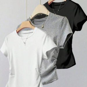 T-shirt décontracté à manches courtes col rond unicolore avec froissé pour femme
