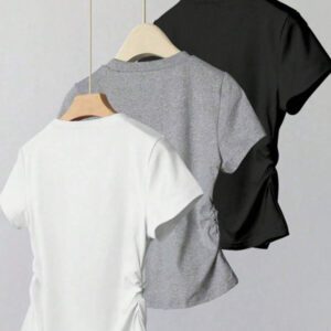 T-shirt décontracté à manches courtes col rond unicolore avec froissé pour femme