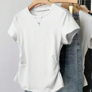 T-shirt décontracté à manches courtes col rond unicolore avec froissé pour femme