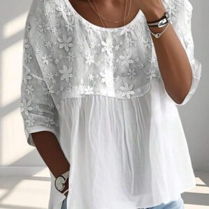 INAWLY Blouse décontractée à col rond, manches mi-longues, fleurs brodées, ample, pour femmes