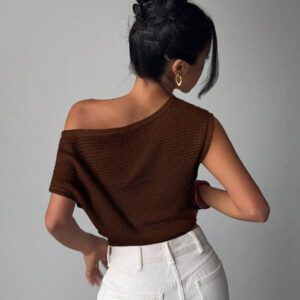 Aloruh Nouveau top asymétrique à épaule rayée à ourlet asymétrique, décontracté et polyvalent, design mettant en valeur la silhouette en abricot