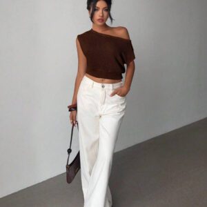 Aloruh Nouveau top asymétrique à épaule rayée à ourlet asymétrique, décontracté et polyvalent, design mettant en valeur la silhouette en abricot