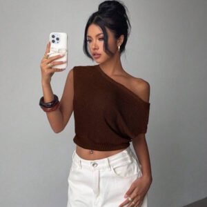 Aloruh Nouveau top asymétrique à épaule rayée à ourlet asymétrique, décontracté et polyvalent, design mettant en valeur la silhouette en abricot