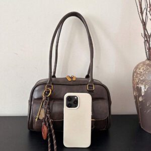 Sac à bandoulière vintage pour femmes de couleur unie avec grande capacité et plusieurs poches