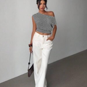 Aloruh Nouveau top asymétrique à épaule rayée à ourlet asymétrique, décontracté et polyvalent, design mettant en valeur la silhouette en abricot