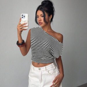 Aloruh Nouveau top asymétrique à épaule rayée à ourlet asymétrique, décontracté et polyvalent, design mettant en valeur la silhouette en abricot