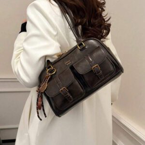 Sac à bandoulière vintage pour femmes de couleur unie avec grande capacité et plusieurs poches