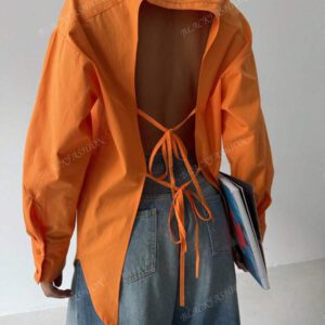 Chemise à lacets sans dos, blouse de bureau décontractée à boutons devant avec poche, couleur unie