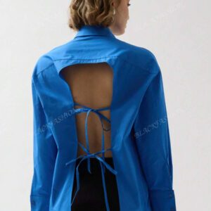 Chemise à lacets sans dos, blouse de bureau décontractée à boutons devant avec poche, couleur unie