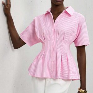 Aveloria Modichic Chemise ample pour femmes avec col à revers, manches courtes, ourlet ample, conception de taille froncée et design à rayures de couleurs contrastées, style chic et décontracté pour navette d'été
