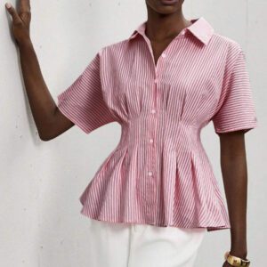 Aveloria Modichic Chemise ample pour femmes avec col à revers, manches courtes, ourlet ample, conception de taille froncée et design à rayures de couleurs contrastées, style chic et décontracté pour navette d'été