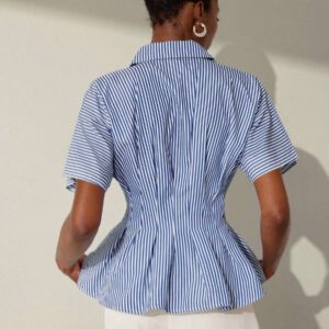 Aveloria Modichic Chemise ample pour femmes avec col à revers, manches courtes, ourlet ample, conception de taille froncée et design à rayures de couleurs contrastées, style chic et décontracté pour navette d'été