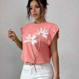 Elenzga T-shirt d'été et d'automne pour femmes avec fleurs 3D contrastées mignonnes