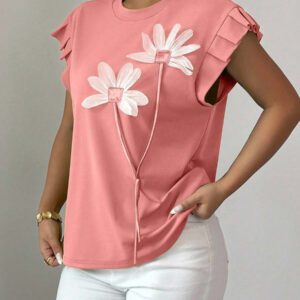 Elenzga T-shirt d'été et d'automne pour femmes avec fleurs 3D contrastées mignonnes