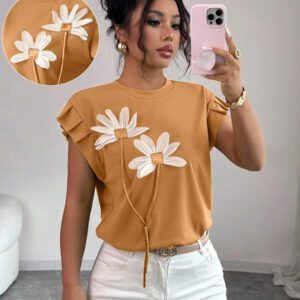 Elenzga T-shirt d'été et d'automne pour femmes avec fleurs 3D contrastées mignonnes