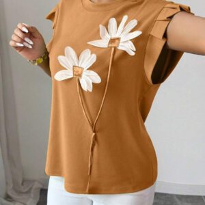 Elenzga T-shirt d'été et d'automne pour femmes avec fleurs 3D contrastées mignonnes