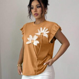Elenzga T-shirt d'été et d'automne pour femmes avec fleurs 3D contrastées mignonnes