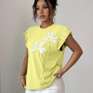 Elenzga T-shirt d'été et d'automne pour femmes avec fleurs 3D contrastées mignonnes