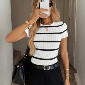 Easowa T-shirt côtelé ajusté à col ras-du-cou pour femmes, en tissu jacquard texturé, pour un port décontracté et confortable à la maison, en vacances et en sortie