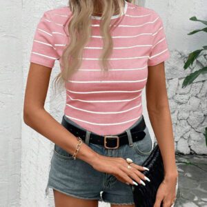 Easowa T-shirt côtelé ajusté à col ras-du-cou pour femmes, en tissu jacquard texturé, pour un port décontracté et confortable à la maison, en vacances et en sortie