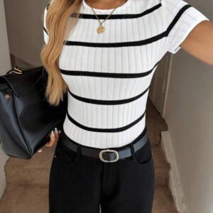 Easowa T-shirt côtelé ajusté à col ras-du-cou pour femmes, en tissu jacquard texturé, pour un port décontracté et confortable à la maison, en vacances et en sortie