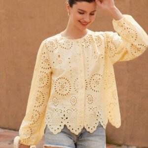 Aveloria Rosie Blouse femme à col rond brodé, manches longues, style bohème pour le printemps et l'automne