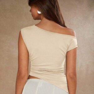 COSMINA Top mode épaule asymétrique plissé marron pour femmes