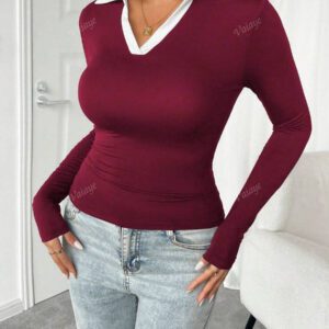 Vaiaye Vêtements d'automne pour femmes, pull tricoté ajusté avec manches longues, col polo, pour retour à l'école et la vie quotidienne