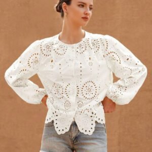 Aveloria Rosie Blouse femme à col rond brodé, manches longues, style bohème pour le printemps et l'automne