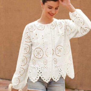 Aveloria Rosie Blouse femme à col rond brodé, manches longues, style bohème pour le printemps et l'automne