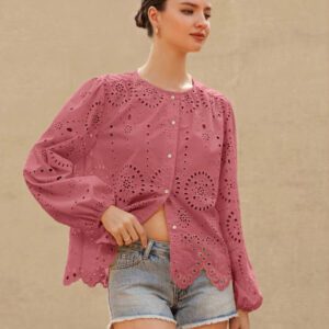 Aveloria Rosie Blouse femme à col rond brodé, manches longues, style bohème pour le printemps et l'automne