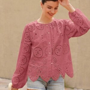 Aveloria Rosie Blouse femme à col rond brodé, manches longues, style bohème pour le printemps et l'automne