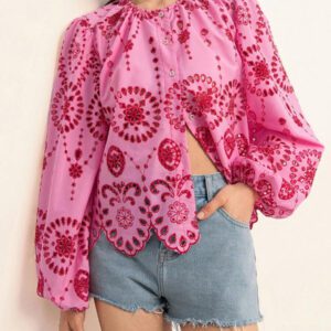 Aveloria Rosie Blouse femme à col rond brodé, manches longues, style bohème pour le printemps et l'automne