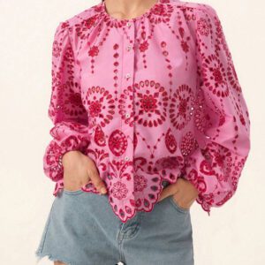 Aveloria Rosie Blouse femme à col rond brodé, manches longues, style bohème pour le printemps et l'automne