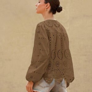 Aveloria Rosie Blouse femme à col rond brodé, manches longues, style bohème pour le printemps et l'automne