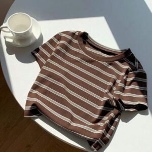 Comfortcana T-shirt à manches courtes décontracté pour femmes avec blocs de couleur et rayures, été