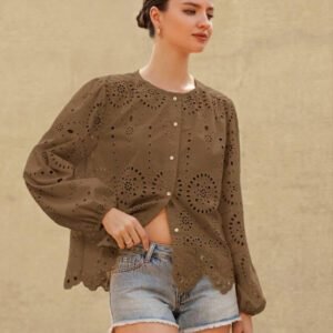 Aveloria Rosie Blouse femme à col rond brodé, manches longues, style bohème pour le printemps et l'automne