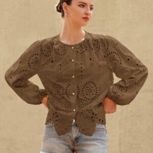 Aveloria Rosie Blouse femme à col rond brodé, manches longues, style bohème pour le printemps et l'automne