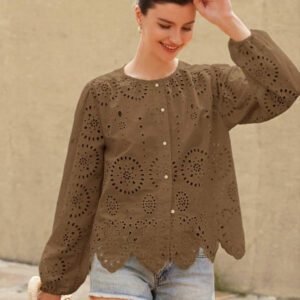 Aveloria Rosie Blouse femme à col rond brodé, manches longues, style bohème pour le printemps et l'automne