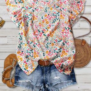 EMERY ROSE Blouse ample à imprimé floral léger pour femme, à porter en vacances, au casual ou au travail avec design de manches à volants